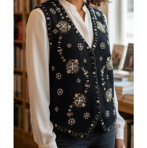 Vintage Yarnworks Black Gold Beaded & Sequin Button Down Sweater Vest L